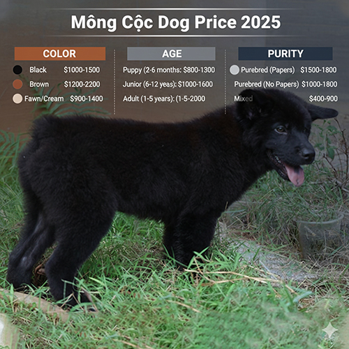Bảng giá chó Mông Cộc theo màu lông, độ tuổi và độ thuần chủng năm 2025 kèm hình một chú chó Mông Cộc đen đứng trên bãi cỏ.