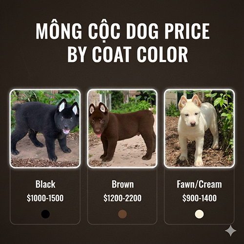 Bảng giá chó Mông Cộc theo màu lông gồm đen, nâu và vàng kem, minh họa bằng ba bé Mông Cộc ở ba màu khác nhau.