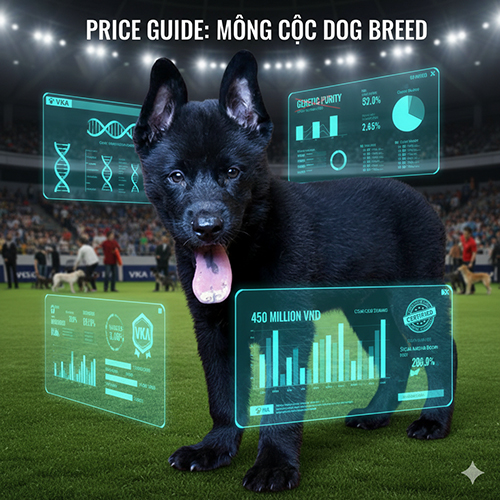 Ảnh chó Mông Cộc con màu đen trong sân show, xung quanh là các biểu đồ giá và dữ liệu di truyền dạng hologram.