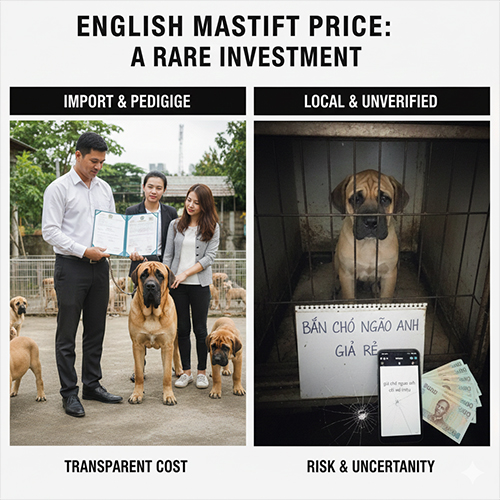 So sánh giá chó Ngao Anh nhập khẩu có giấy tờ và chó bán giá rẻ không rõ nguồn gốc