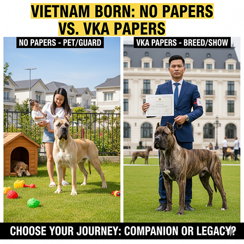 So sánh giá chó Ngao Ý Cane Corso sinh tại Việt Nam không giấy và có giấy VKA