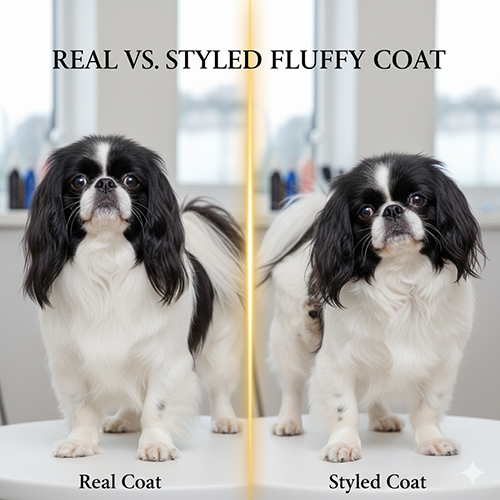 So sánh chó Nhật lông xù thật và lông xù do tắm sấy