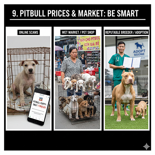 Hình ba bối cảnh mua bán Pitbull: lừa đảo online, chợ thú cưng và trại uy tín có giấy tờ