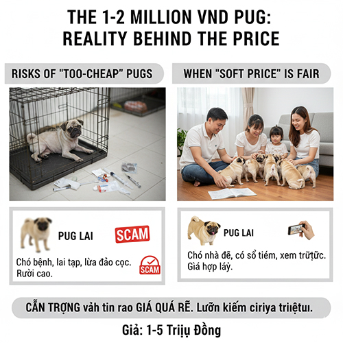 Infographic cảnh báo chó Pug giá 1–2 triệu với hình ảnh rủi ro chó bệnh, lừa cọc và trường hợp giá mềm hợp lý