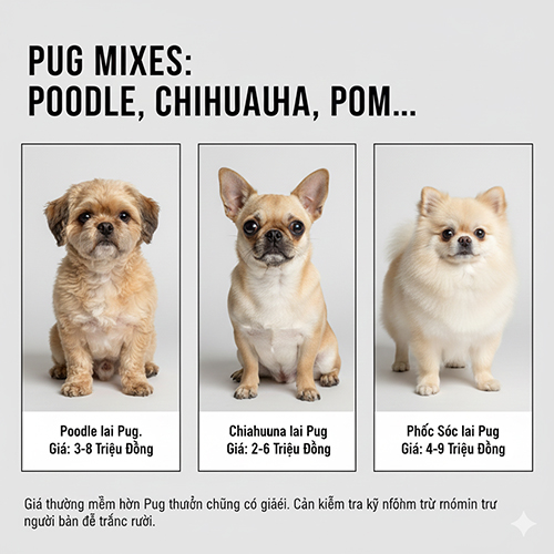 Infographic giá chó Pug lai với Poodle, Chihuahua và Phốc Sóc trên nền xám