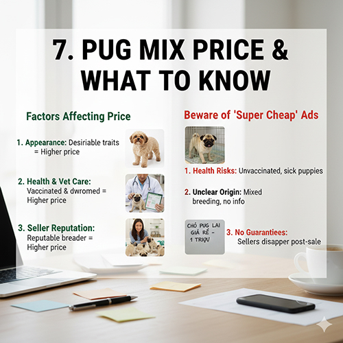 Hình ảnh tổng hợp các yếu tố ảnh hưởng tới giá chó Pug lai và cảnh báo rủi ro khi mua chó giá rẻ