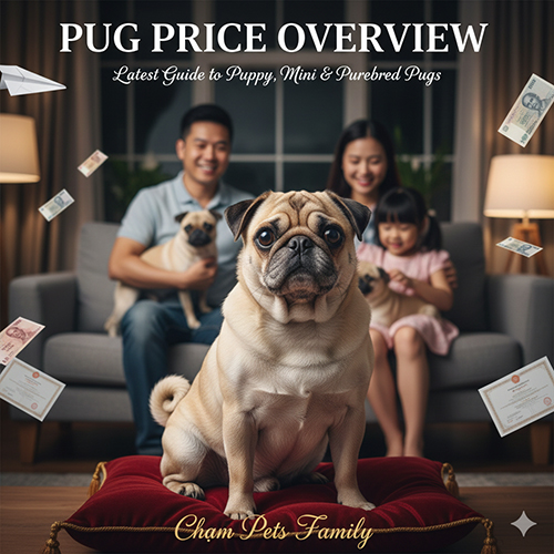 Ảnh minh họa giá chó Pug mặt xệ mới nhất với gia đình đang chơi cùng Pug con và một bé Pug ngồi trên đệm đỏ