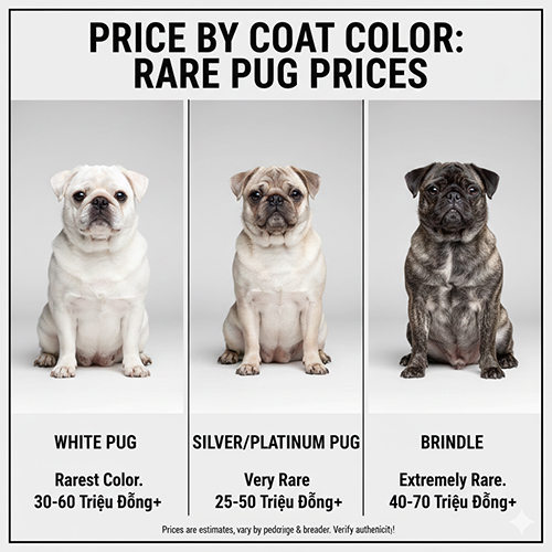 Infographic giá chó Pug màu hiếm với ba bé Pug trắng, bạc và vện ngồi cạnh nhau trên nền xám