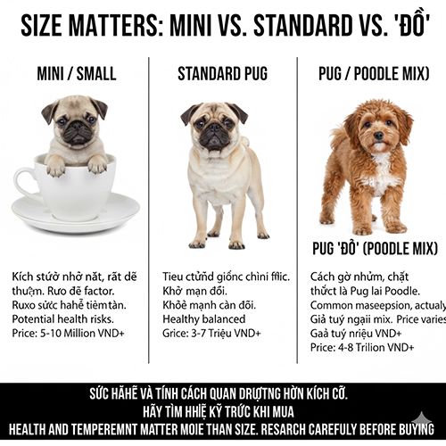 Infographic so sánh kích cỡ và giá Pug mini, Pug tiêu chuẩn và Pug “đồ” lai Poodle