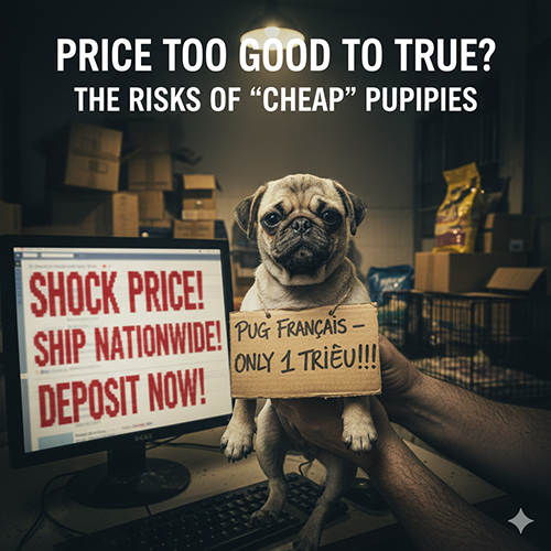 Ảnh cảnh báo rủi ro mua chó giá rẻ với chú Pug cầm bảng “1 triệu”, kèm thông điệp “price too good to true” và bối cảnh rao bán, cọc nhanh, ship toàn quốc.