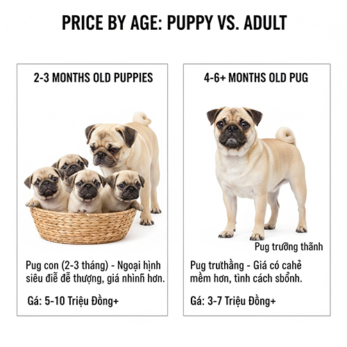 Infographic giá chó Pug theo độ tuổi so sánh Pug con 2–3 tháng và Pug trưởng thành 4–6 tháng