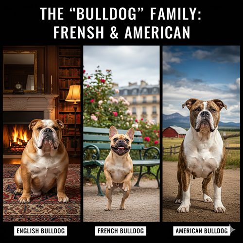 So sánh Bulldog Anh Bull Pháp và American Bulldog trong cùng một khung hình