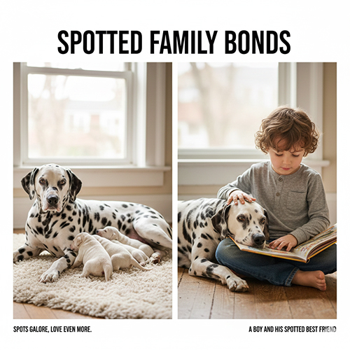 Hình ảnh gia đình chó Đốm với chó mẹ và đàn con trong không gian ấm áp