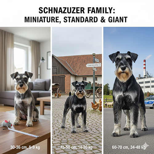 anh so sanh ba kich thuoc schnauzer miniature standard va giant voi chieu cao can nang va ngoai hinh
