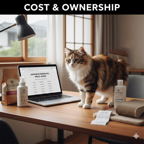 Mèo cộc đuôi Nhật Bản lông dài đứng cạnh máy tính hiển thị bảng giá và các sản phẩm chăm sóc