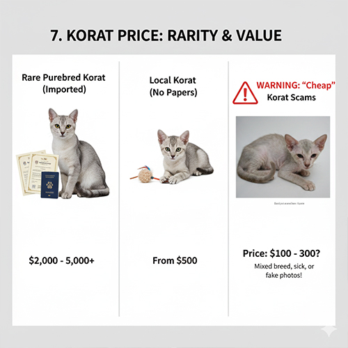 So sánh giá mèo Korat thuần chủng nhập khẩu, Korat không giấy và cảnh báo mèo Korat giá rẻ