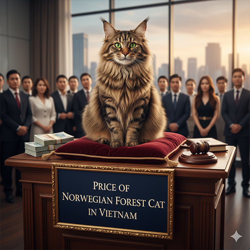 Mèo rừng Na Uy ngồi trên bục gỗ sang trọng có bảng giá và các cọc tiền minh họa cho giá trị nhập khẩu