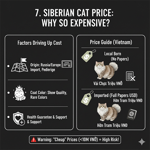 Biểu đồ minh họa giá mèo Siberian tại Việt Nam và các yếu tố khiến giống mèo rừng Siberia có giá cao