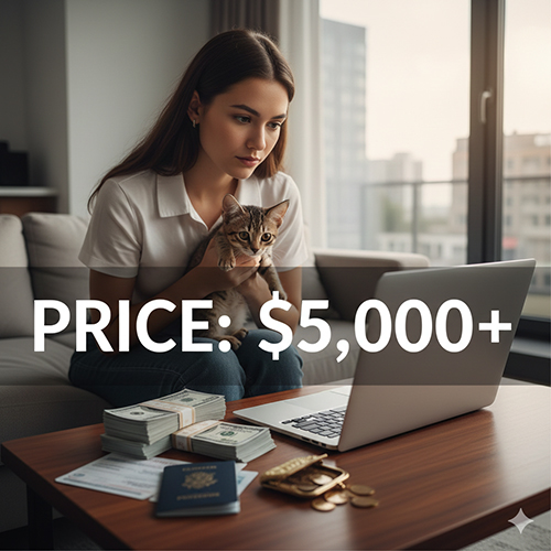 Mèo Singapura được ôm trước laptop với tiền mặt và hộ chiếu, minh họa giá mèo Singapura rất cao