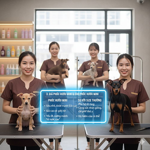 cac nhan vien thu y dang cam nhieu chu phoc huou mini va size thuong ben canh bang gia minh hoa