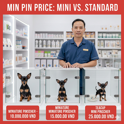 Ba bé Phốc hươu với kích cỡ khác nhau được trưng bày trong lồng kính cùng bảng giá, minh họa sự chênh lệch giá giữa size thường, mini và teacup.