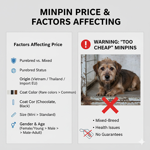 Bảng tóm tắt các yếu tố ảnh hưởng giá chó Phốc hươu và cảnh báo rủi ro khi mua chó giá quá rẻ, minh họa bằng hình ảnh thực tế.