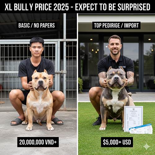 So sánh giá XL Bully theo phân khúc: chó không giấy cơ bản và chó top pedigree hoặc nhập khẩu kèm giấy tờ, chứng nhận