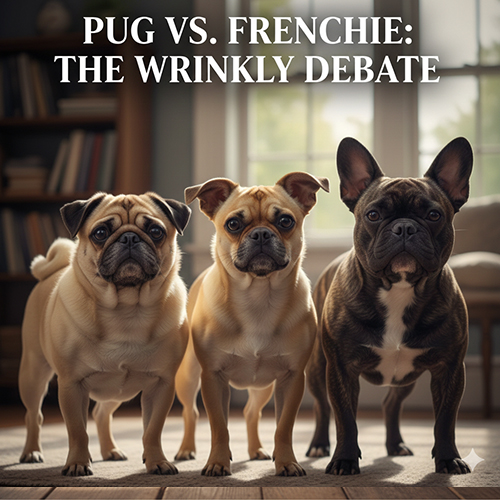 Ảnh bìa minh họa tranh luận “Pug vs. Frenchie” với 3 chú chó mặt xệ đứng cạnh nhau, gợi ý so sánh Pug Pháp, Pug lai Bull Pháp (Frug) và Bull Pháp mặt xệ.