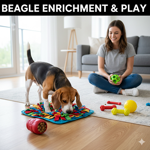 Chó Beagle chơi thảm mũi và đồ chơi trí tuệ trong nhà, minh họa hoạt động giải trí và kích thích trí não cho Beagle