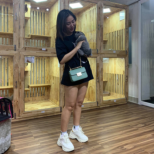 Khách hàng Chạm Pets bế mèo Anh lông ngắn (ALN) xám xanh và chụp ảnh bàn giao tại cơ sở