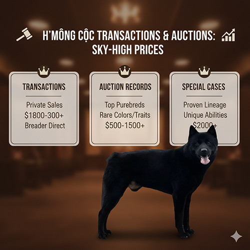 Bảng thông tin về giao dịch và đấu giá chó Mông Cộc với các mức giá cao, minh họa bằng hình một bé Mông Cộc đen đứng trên nền phông sàn đấu giá.