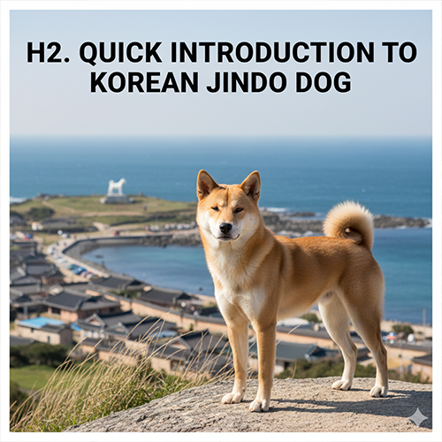 Chó Jindo Hàn Quốc đứng trên cao nhìn ra biển, dáng khỏe mạnh, tai dựng, đuôi cuộn