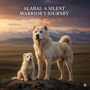 Giống chó Alabai chó chăn cừu Trung Á trưởng thành và chó con trong khung cảnh thảo nguyên