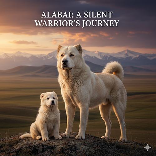 Giống chó Alabai chó chăn cừu Trung Á trưởng thành và chó con trong khung cảnh thảo nguyên