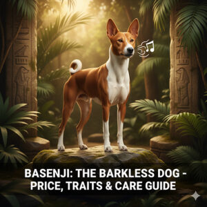 Giống chó Basenji đứng cảnh giác với dáng thanh thoát, tai dựng và đuôi cong đặc trưng