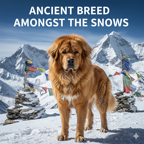 Chó Ngao Tây Tạng cổ xưa đứng giữa tuyết Himalaya với bộ lông dày và thân hình to lớn thích nghi khí hậu núi cao