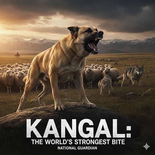 Hình ảnh chó Kangal đứng oai vệ giữa đồng cỏ, biểu tượng của “quốc khuyển Thổ Nhĩ Kỳ” với lực cắn mạnh nhất thế giới