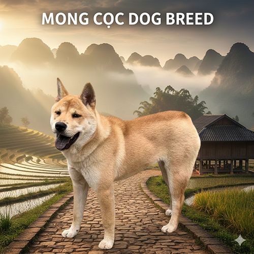 Ảnh chó Mông Cộc đứng trên con đường núi ruộng bậc thang, vóc dáng rắn rỏi và tai dựng đặc trưng.