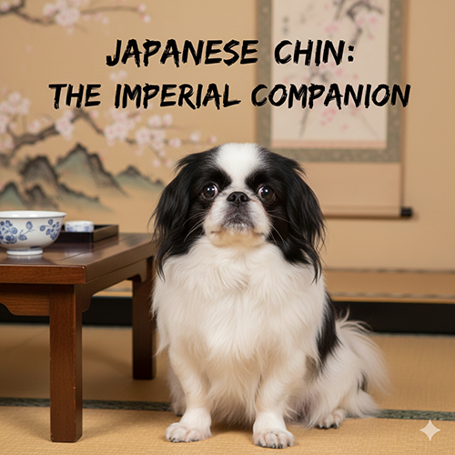 Giống chó Nhật Japanese Chin thuần chủng lông xù ngồi trong không gian phong cách Nhật Bản