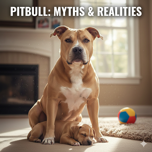 Hình ảnh chó Pitbull trưởng thành ngồi bên chú Pitbull con trong nhà, gợi chủ đề nguồn gốc và sự thật về tính cách