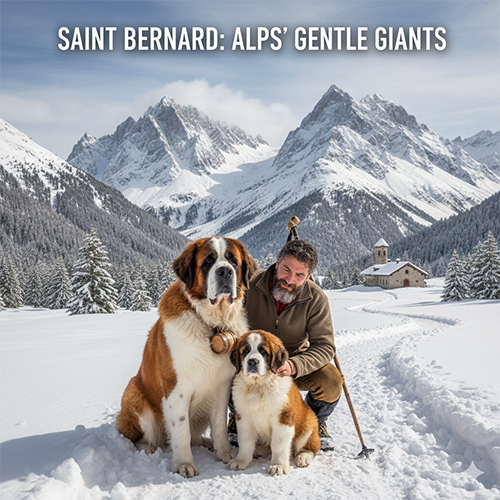 Chó Saint Bernard to lớn hiền lành đứng giữa dãy Alps phủ tuyết