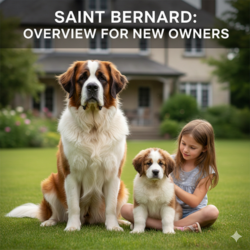 Chó Saint Bernard trưởng thành và chó con hiền lành bên trẻ nhỏ trong sân vườn