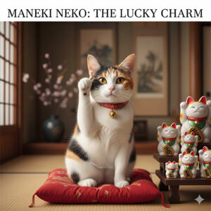 Mèo cộc đuôi Nhật Bản Maneki Neko giơ tay vẫy may mắn trên đệm đỏ