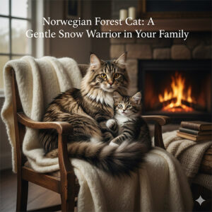 Mèo rừng Na Uy trưởng thành và mèo con ngồi trên ghế bành bên cạnh lò sưởi ấm áp