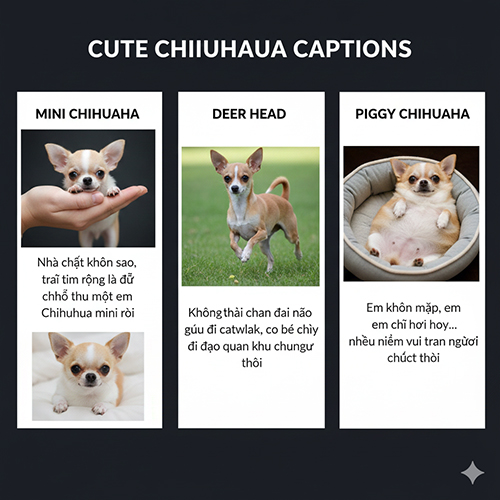 Gợi ý caption dễ thương cho hình Chihuahua mini, chó nai và Chihuahua heo lùn