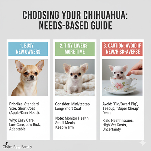 Hình ảnh gợi ý chọn loại Chihuahua theo nhu cầu: tiêu chuẩn cho người bận rộn, mini cho người thích cún nhỏ và cảnh báo tránh teacup hoặc heo lùn nếu thiếu kinh nghiệm