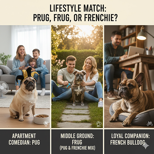 Ảnh gợi ý chọn giống theo lối sống với 3 khung cảnh: Pug hợp căn hộ, Frug là lựa chọn trung gian, Bull Pháp là bạn đồng hành bám chủ; minh họa gia đình và môi trường sống.