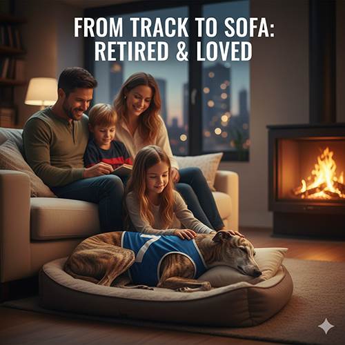 Chó Greyhound giải nghệ nằm nghỉ trên sofa cùng gia đình trong không gian ấm cúng