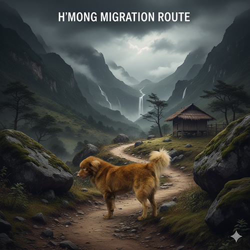 Chó Bắc Hà đứng trên con đường núi gắn với hành trình di cư của người H’Mông