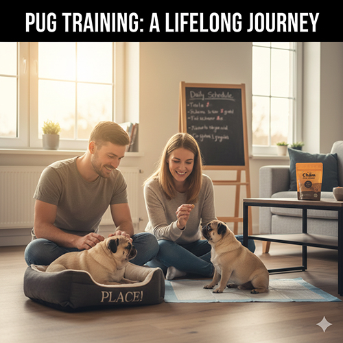 Gia đình huấn luyện và chơi cùng chó Pug trong không gian ấm cúng tại nhà